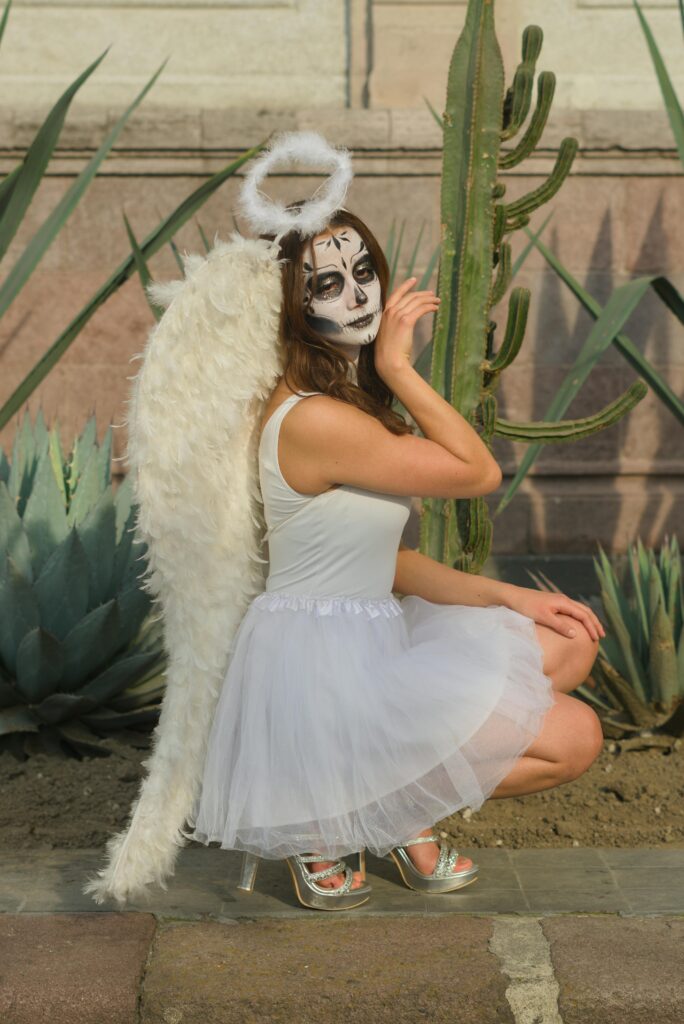 A woman dressed as an angel with Day of the Dead makeup in Toluca, Mexico.